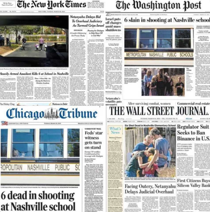 A composite image of newspaper headlines reporting on the shooting at a Nashville Christian school. 