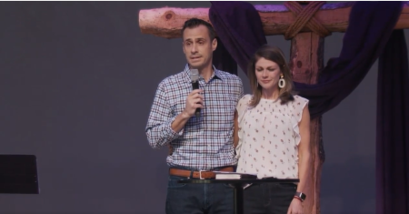 Harvest Church Senior Pastor Kennon Vaughan and his wife, Kathryn, address their congregation on March 26, 2023, more than two months after emerging as the lone survivor of a plane crash that killed four members of the church in Germantown, Tennessee.