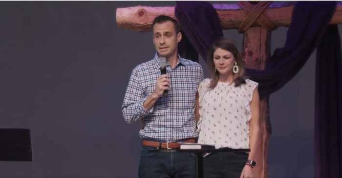 Harvest Church Senior Pastor Kennon Vaughan and his wife, Kathryn, address their congregation on March 26, 2023, more than two months after emerging as the lone survivor of a plane crash that killed four members of the church in Germantown, Tennessee. 
