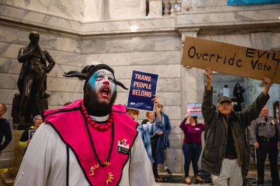 Ken Tagious, a genderqueer 'clown nun,' shouts after a press conference held by supporters of SB 150 on March 29, 2023, at the Kentucky State Capitol in Frankfort, Kentucky. SB 150, which was proposed by Republican state Sen. Max Wise, was vetoed by Kentucky Gov. Andy Beshear during the General Assembly. Lawmakers overrode his veto, passing the bill into law to protect youth from chemical castration and body mutilating sex-change surgeries. 
