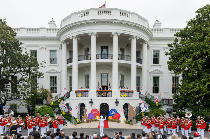 President Joe Biden and first lady Jill Biden deliver remarks at the White House Easter Egg Roll from the Blue Room Balcony, April 18, 2022. 