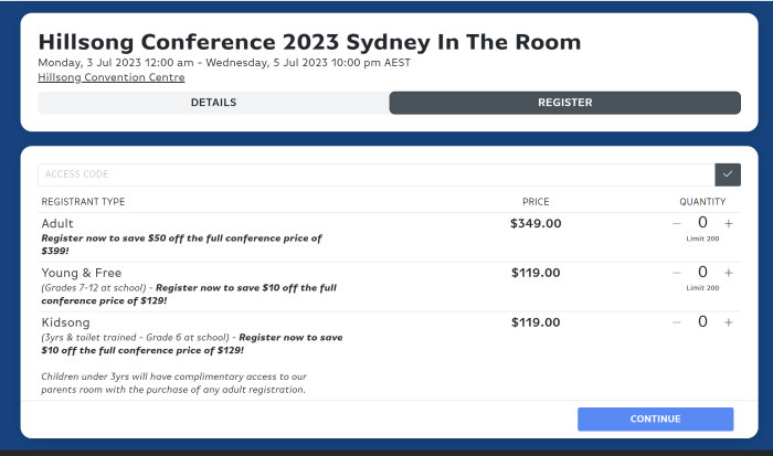Ticket prices for the 2023 Hillsong Conference.