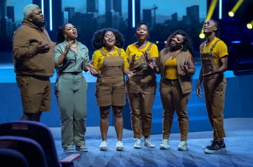 Aaron (Druski), Sam (Chloe Bailey), Jess (Anjelika Washington), Jackie (Kiara Iman), KiKi (Jekalyn Carr) and Jermaine (Ilario Grant) star in "Praise This," a film directed by Tina Gordon.