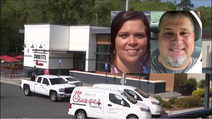 Cassie Davis (L inset) 39, was shot dead by her jealous ex-boyfriend, Anthony Green (R inset) 56, at a Chick-fil-A restaurant in Rome, Georgia, on April 5, 2023. Green also fatally shot himself.