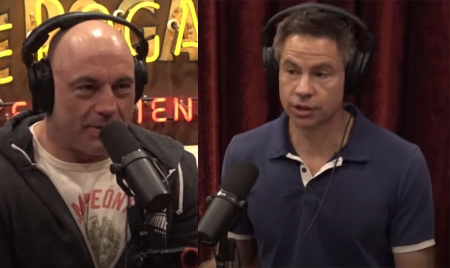 Comedian and podcaster Joe Rogan (Left) interviews journalist Michael Shellenberger (Right) author of 'San Franciko' and 'Apocalypse Never' on the 'Joe Rogan Experience' on Spotify in Austin, Texas, on March 30, 2023..