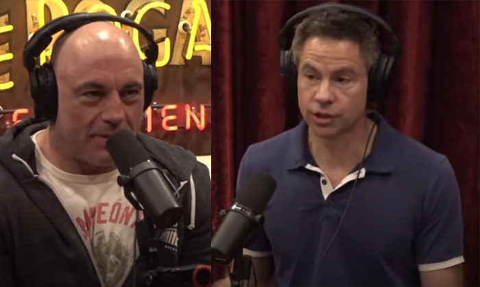 Comedian and podcaster Joe Rogan (Left) interviews journalist Michael Shellenberger (Right) author of 'San Franciko' and 'Apocalypse Never' on the 'Joe Rogan Experience' on Spotify in Austin, Texas, on March 30, 2023.. 