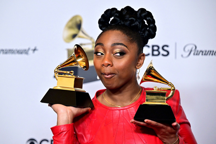 US jazz singer Samara Joy poses with the awards for Best New Artist and Best Jazz Vocal Album for 'Linger Awhile' in the press room during the 65th Annual Grammy Awards at the Crypto.com Arena in Los Angeles on February 5, 2023. 