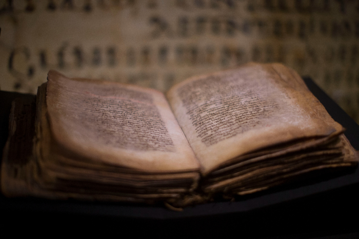 An original handwritten Syriac (Peshitta) translation of The Gospels from the 9th century is displayed at the 'Book of Books' exhibition in the Bible Lands Museum on October 23, 2013, in Jerusalem, Israel. 