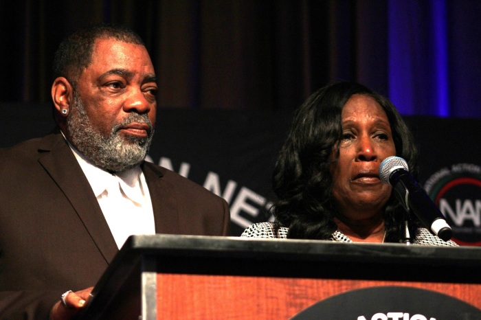 Tyre Nichols' mother, RowVaughn Wells (R) and his stepfather, Rodney Wells (L) talk about his passing at the National Action Network Convention in New York City on April 12, 2023.