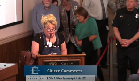 Former "Saturday Night Live" star Victoria Jackson speaks during the citizen comments portion of the working session for the city of Franklin, Tennessee, on April 11, 2023. 