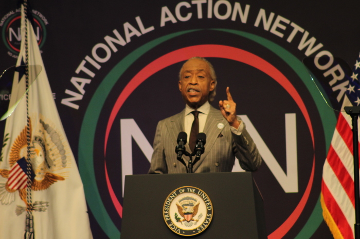 Al Sharpton compares Vice President Kamala Harris to the biblical Queen Esther at the National Action Network Convention in New York City on April 14, 2023.