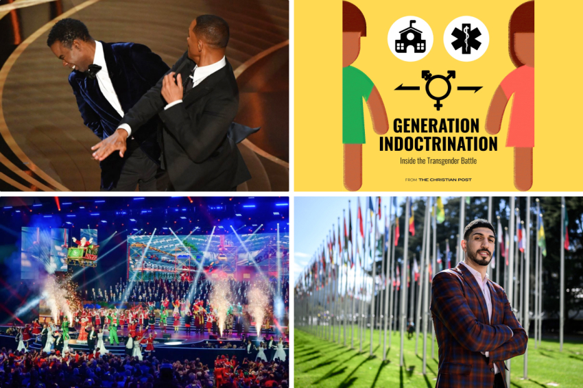 Top Left: Actor Will Smith (R) slaps actor Chris Rock onstage during the 94th Oscars at the Dolby Theatre in Hollywood, California, on March 27, 2022, | Robyn Beck/AFP via Getty Images; "Generation Indoctrination" |TheChristian Post; Bottom Left: A scene from the "Gift of Christmas" production at Prestonwood Baptist Church. | Image courtesy Prestonwood Baptist Church; American basketball player Enes Kanter Freedom poses at the United Nations Office in Geneva on April 5, 2022. | FABRICE COFFRINI/AFP via Getty Images