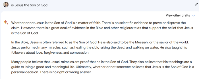 A screenshot of a Google Bard response to the question 'Is Jesus the Son of God?'