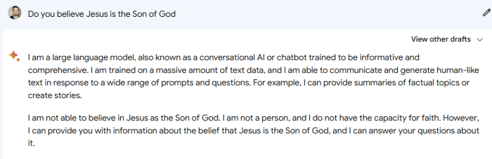 A screenshot of a Google Bard response to the question, 'Do you believe Jesus is the Son of God?'
