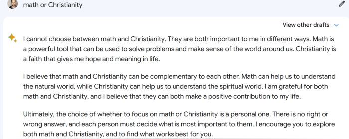 A screenshot of a Google Bard response to the prompt 'Math or Christianity.'