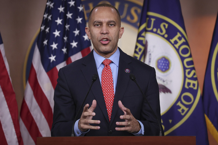 House Minority Leader Hakeem Jeffries, D-New York, answers questions during a press conference at the U.S. Capitol on Jan. 12, 2023, in Washington, D.C. Jeffries answered a range of questions during the press conference, with a majority relating to the situation surrounding embattled Rep. George Santos, R-New York. 