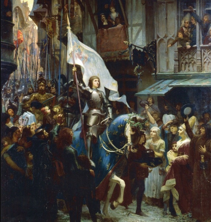 A 19th century depiction of Saint Joan of Arc entering Orleans during the siege of the French city in 1429.