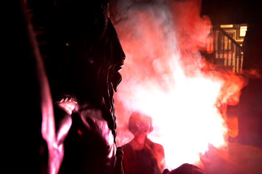 The Baphomet room bathed in lighting and fog as members of the Satanic temple walk by at the Satanic Temple where a "Hell House" is being held in Salem, Massachusett, on October 8, 2019. The Hell House was a parody on a Christian Conversion centre meant to scare atheist and other Satanic Church members. 