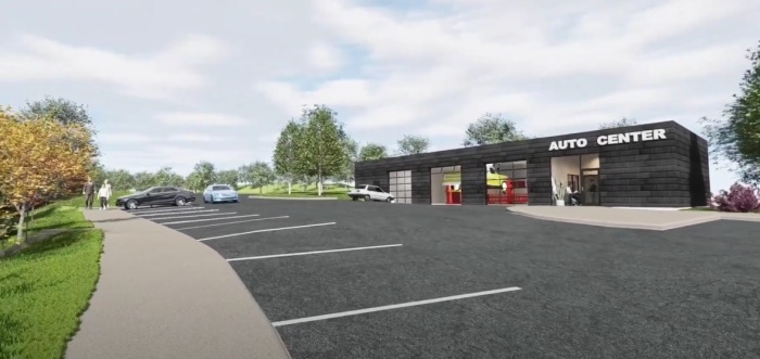 A graphic rendering of the planned Auto Care Center for Brookside Church of Omaha, Nebraska, as seen in a YouTube video posted on March 5, 2023. 