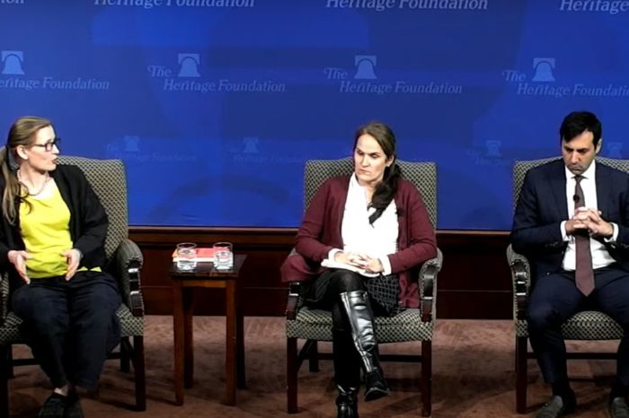 A panel of experts discuss feminism and the women's movement at a Heritage Foundation event titled Reactionary Feminism: Sex and the Market on April 25, 2023 in Washington, D.C. From left to right: Mary Harrington, Erika Bachiochi and Arthur Milikh.