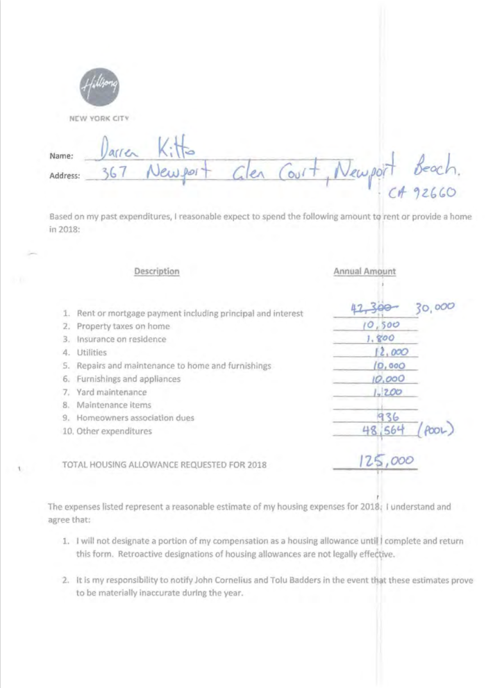 Darren Kitto's housing allowance claimed for 2018.
