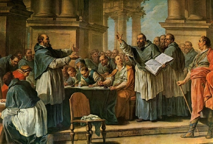 An 18th century painting by Charles-André van Loo depicting St. Augustine of Hippo debating a Christian sect known as the Donatists.