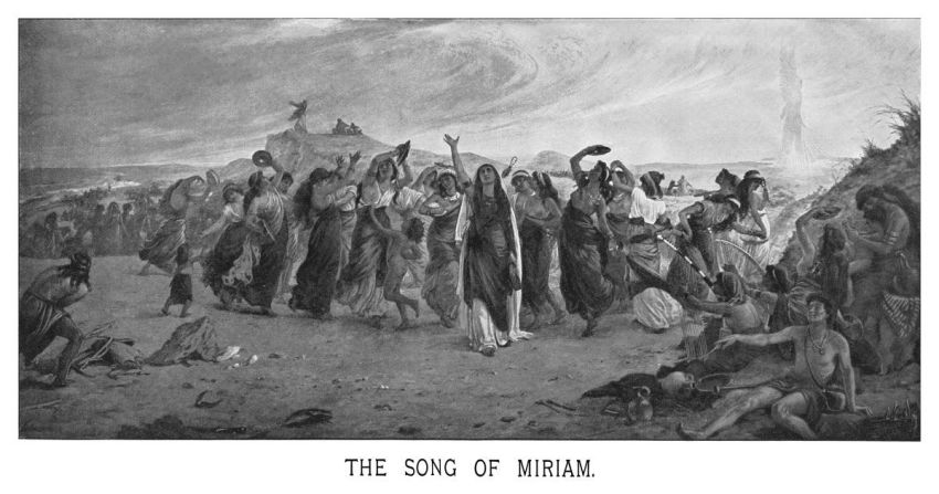 Copyright has expired on this artwork. From my own archives, digitally restored. Exodus 15:20 "Then Miriam the prophet, Aaron’s sister, took a timbrel in her hand, and all the women followed her, with timbrels and dancing."
