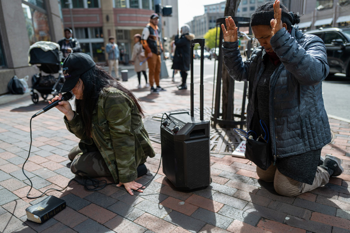 Members of a Christian group hold a demonstration outside of a Boston hotel where the Satanic Temple is holding SatanCon, which they claim as the largest satanic gathering in history on April 28, 2023, in Boston, Massachusetts. Numerous Christian activists groups protested outside of the sold out event. 