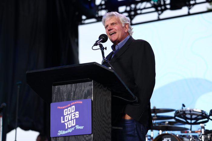 The Rev. Franklin Graham shares the Gospel at the Charles County Fairgrounds in La Plata, Maryland, on Saturday, April 29, 2023 as part of his God Loves You Tidewater Tour. 