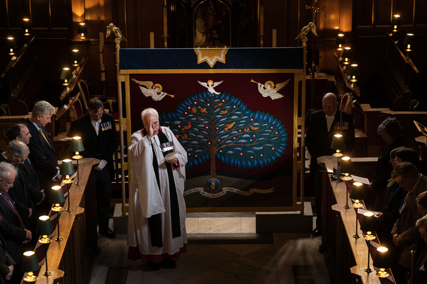 The anointing screen, which will be used in the coronation of King Charles III and has been handmade by the Royal School of Needlework, as it stands in the Chapel Royal at St James's Palace in London on April 24, 2023, in London, England. The most important moment in the coronation is the