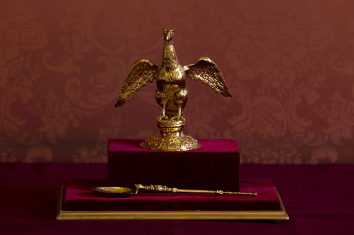 The Ampulla and Coronation Spoon, which was used at Queen Elizabeth II's Coronation in 1953, is displayed during a multi-faith reception at Lambeth Palace on February 15, 2012, in London, England. 
