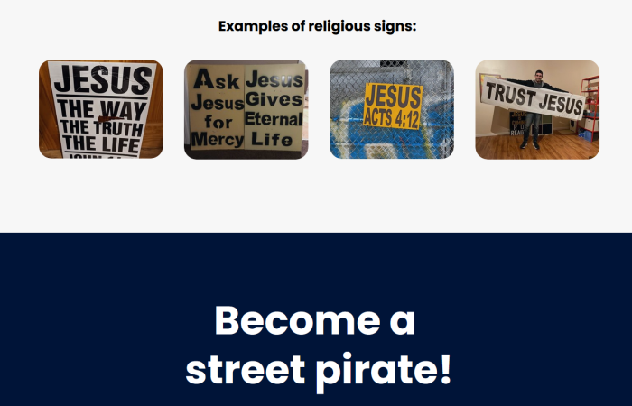 A screenshot of the Atheists United website shows only signs with Jesus being taken down. 