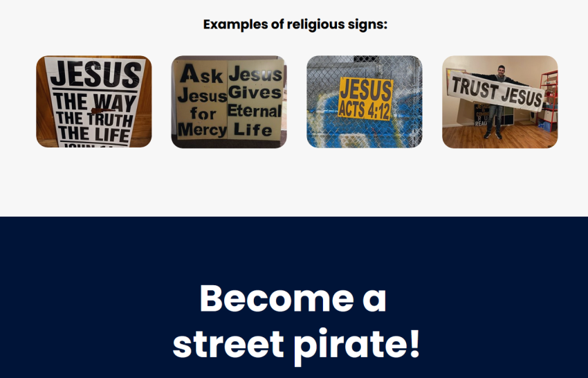 A screenshot of the Atheists United website shows only signs with Jesus being taken down.