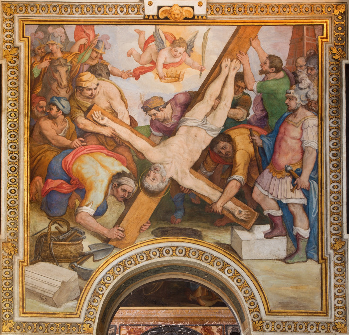 The Crucifixion of St. Peter fresco by G. B. Ricci from the 16th century in the church Chiesa di Santa Maria in Transpontina and chapel of St. Peter and Paul in Rome.