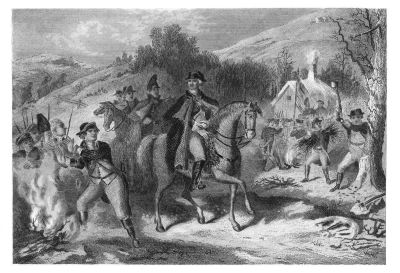 Old engraved illustration of George Washington's Continental Army leaving the winter camp at Valley Forge, Pennsylvania during the Revolutionary War. Digitally restored.