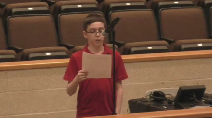 Middleborough Public Schools student Liam Morrison, 12, addresses the school committee after he was sent home for declining to change out of a shirt reading 'there are only two genders,' April 13, 2023. 