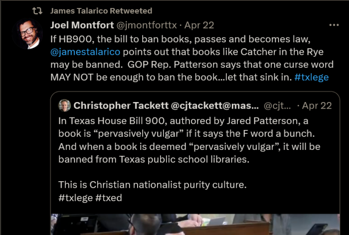 Screenshot of retweet from Rep. Talarico which called a proposed ban on pornographic materials in Texas school libraries 'Christian nationalist purity culture.'