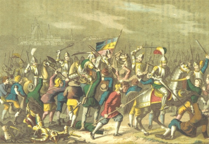 A 19th century depiction of the 1525 Battle of Frankenhausen, a key battle in the German Peasants' Revolt. 