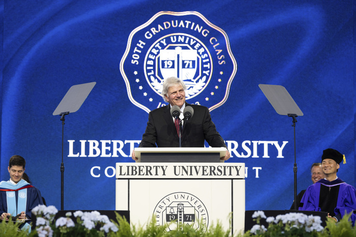 The Rev. Franklin Graham gives the commencement address at Liberty University's graduation ceremony in Lynchburg, Virginia, May 12, 2023. 