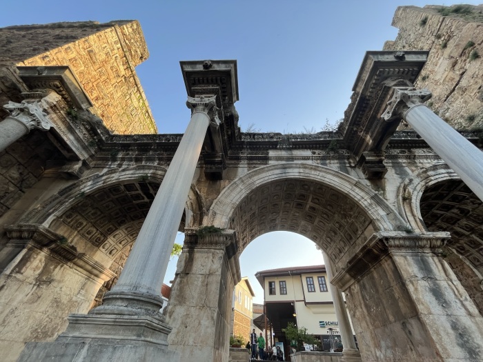 Hadrian's Gate is a triumphal arch in Antalya, Turkey. It was built in the name of the Roman emperor Hadrian, who visited the city in the year 130 AD. It is the only remaining entrance gate in the walls that surround the city and harbor.
