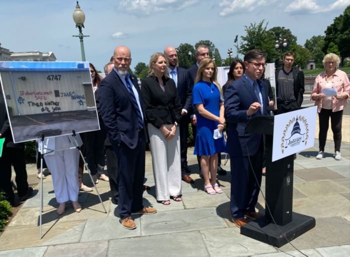 Rep. Mike Johnson, R-La., chair of the U.S. House Judiciary Committee's Subcommittee on the Constitution and Limited Government, gives remarks at a press conference following the conclusion of a hearing about the Freedom of Access to Clinic Entrances (FACE) Act, May 16, 2023. 