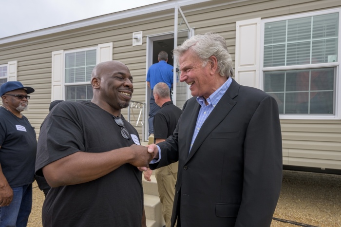 Franklin Graham greets recipients of new mobile homes in Mississippi on May 19, 2023.