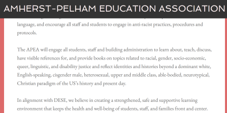 A screenshot from the Amherst-Pelham Educators Association with a statement identifying the "Christian paradigm of the US’s history and present day."