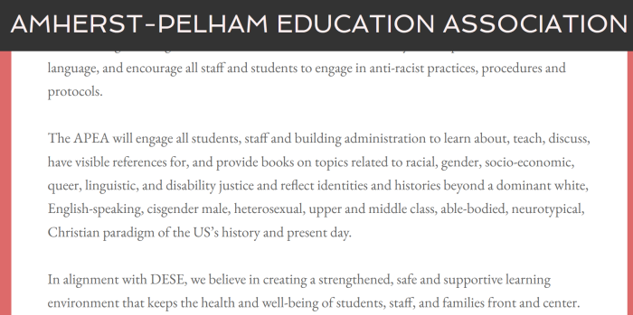A screenshot from the Amherst-Pelham Educators Association with a statement identifying the 'Christian paradigm of the US’s history and present day.' 
