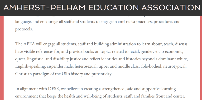 A screenshot from the Amherst-Pelham Educators Association with a statement identifying the "Christian paradigm of the US’s history and present day."