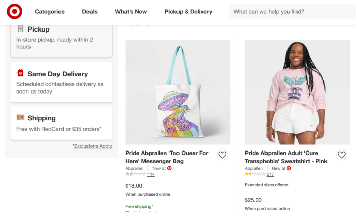 A screenshot of the Target website shows two 'pride' items for sale from Abprallen.