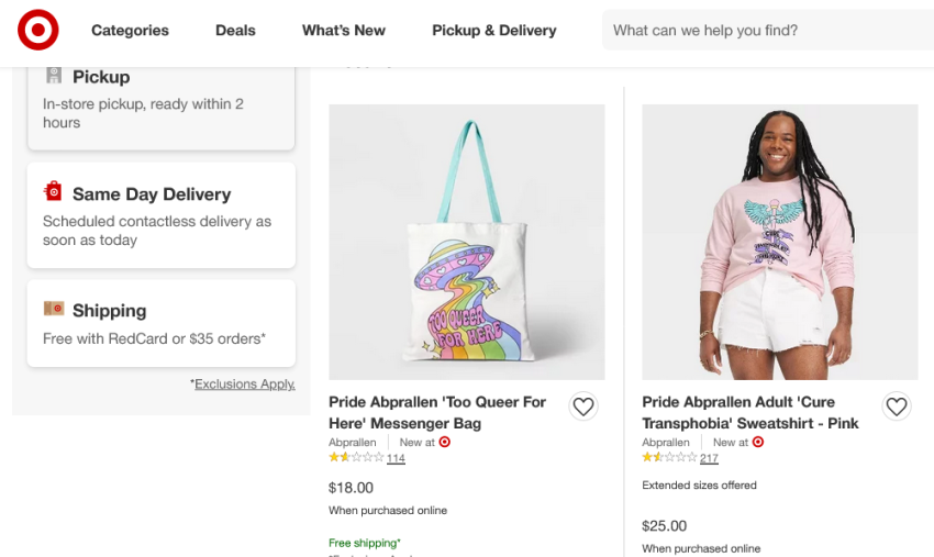 A screenshot of the Target website shows two "pride" items for sale from Abprallen.