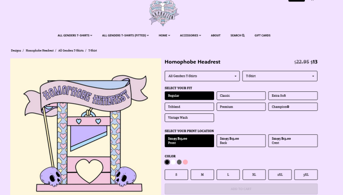 One of the products advertised on the Abprallen website features a guillotine with the words 'Homophobe Headrest' and a heart-shaped hole underneath.