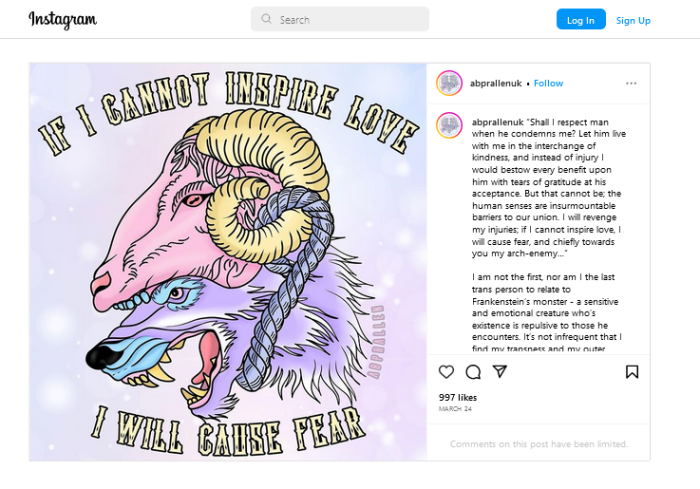 An Instagram post from Target brand designer Abprallen with the words 'If I cannot inspire love I will cause fear.'