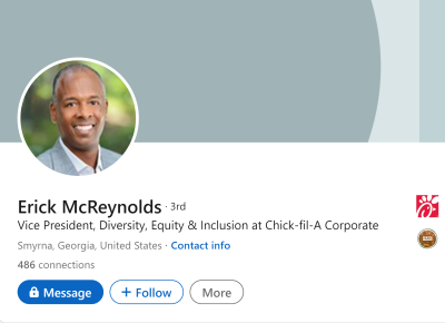 Erick McReynolds has been vice president of diversity and inclusion at Chick-fil-A since November 2021.